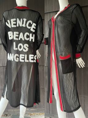 🔥Balboa Venice Beach LA Sheer Green Red Striped Ribbed Trim Cover Up Robe S/M